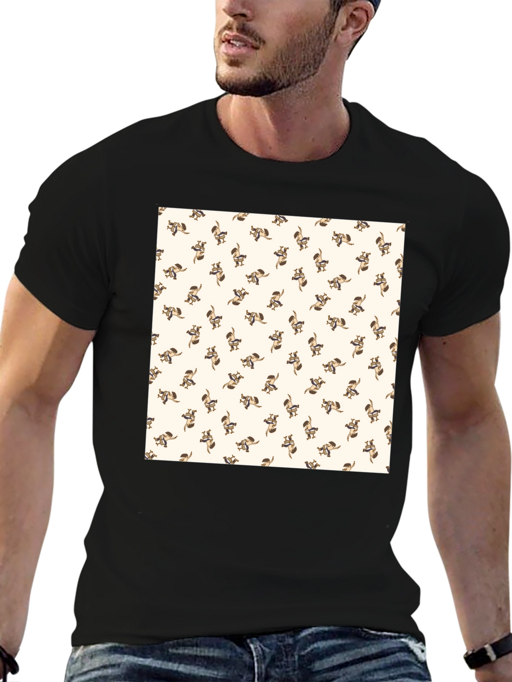 Fun Raccoon Pattern Black T-Shirt