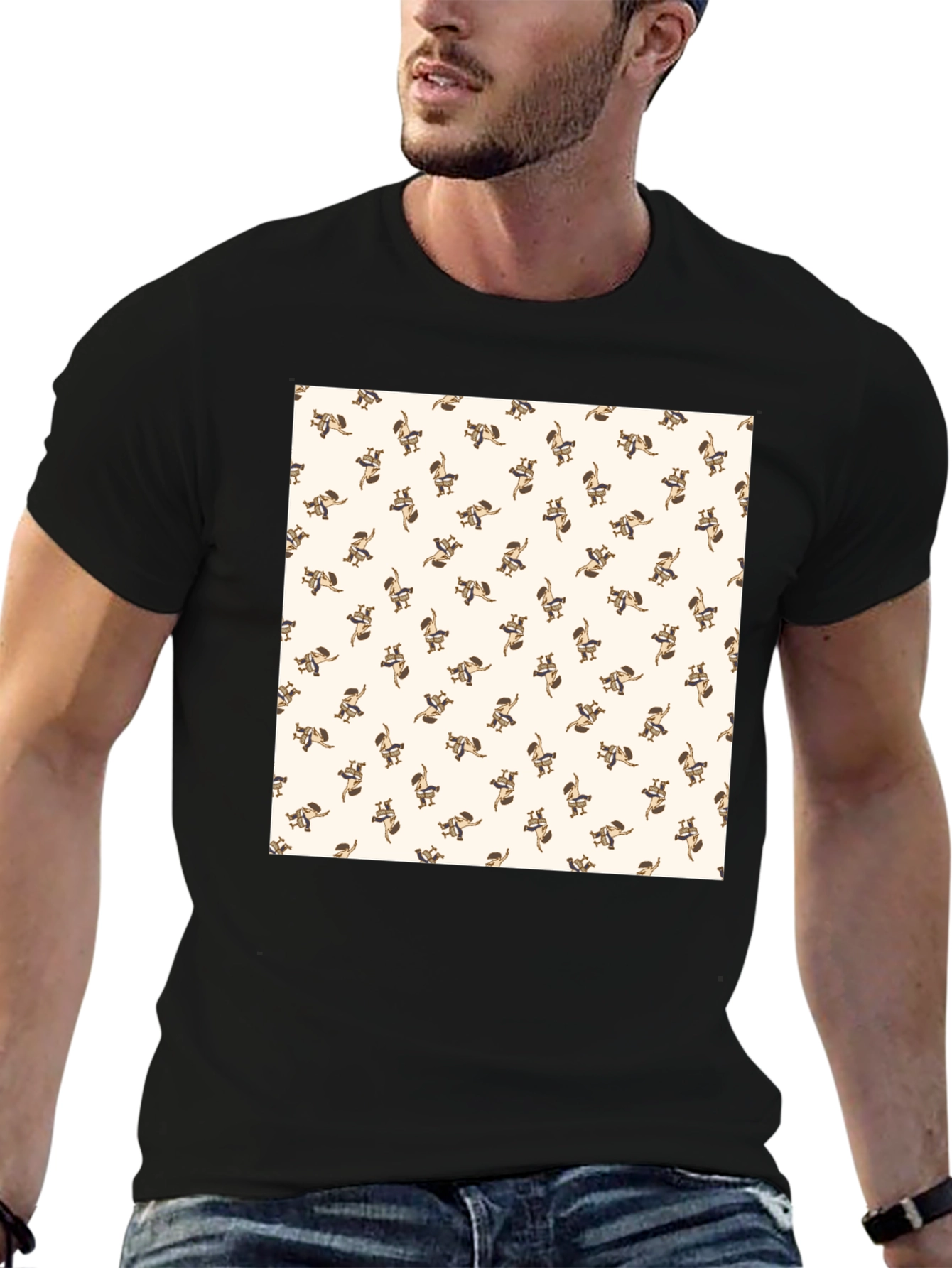 Fun Raccoon Pattern Black T-Shirt
