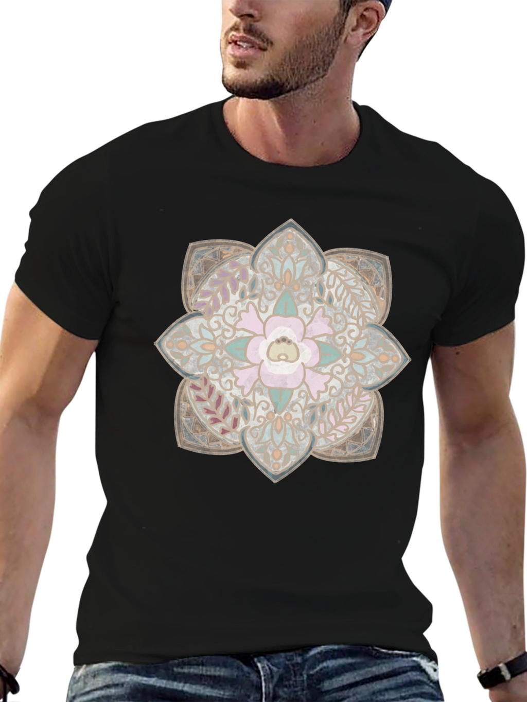 Floral Mandala Graphic Print Black T-Shirt
