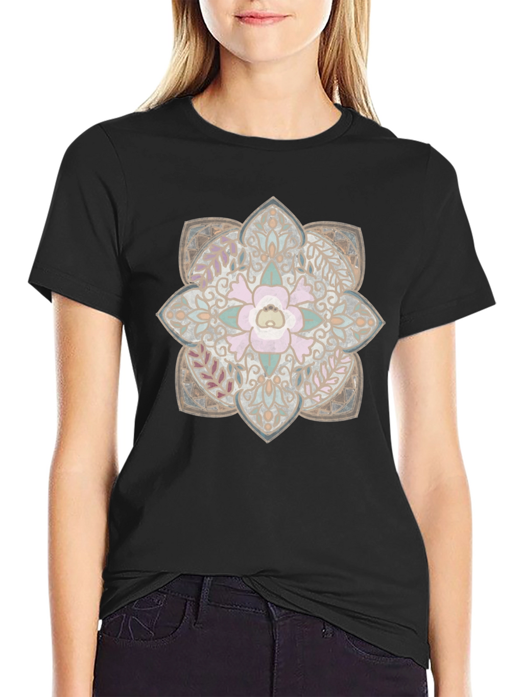 Floral Mandala Graphic Print Black T-Shirt