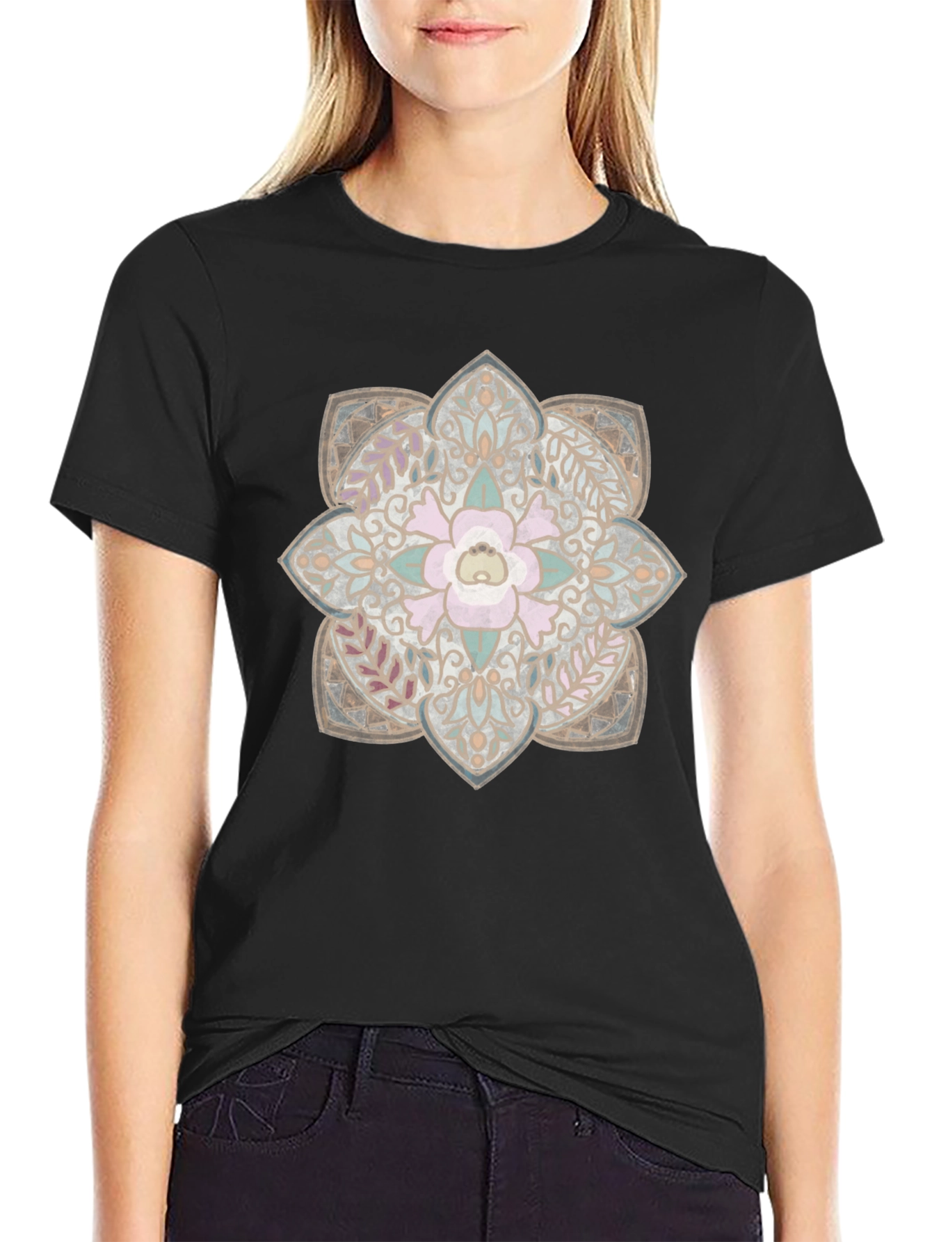 Floral Mandala Graphic Print Black T-Shirt