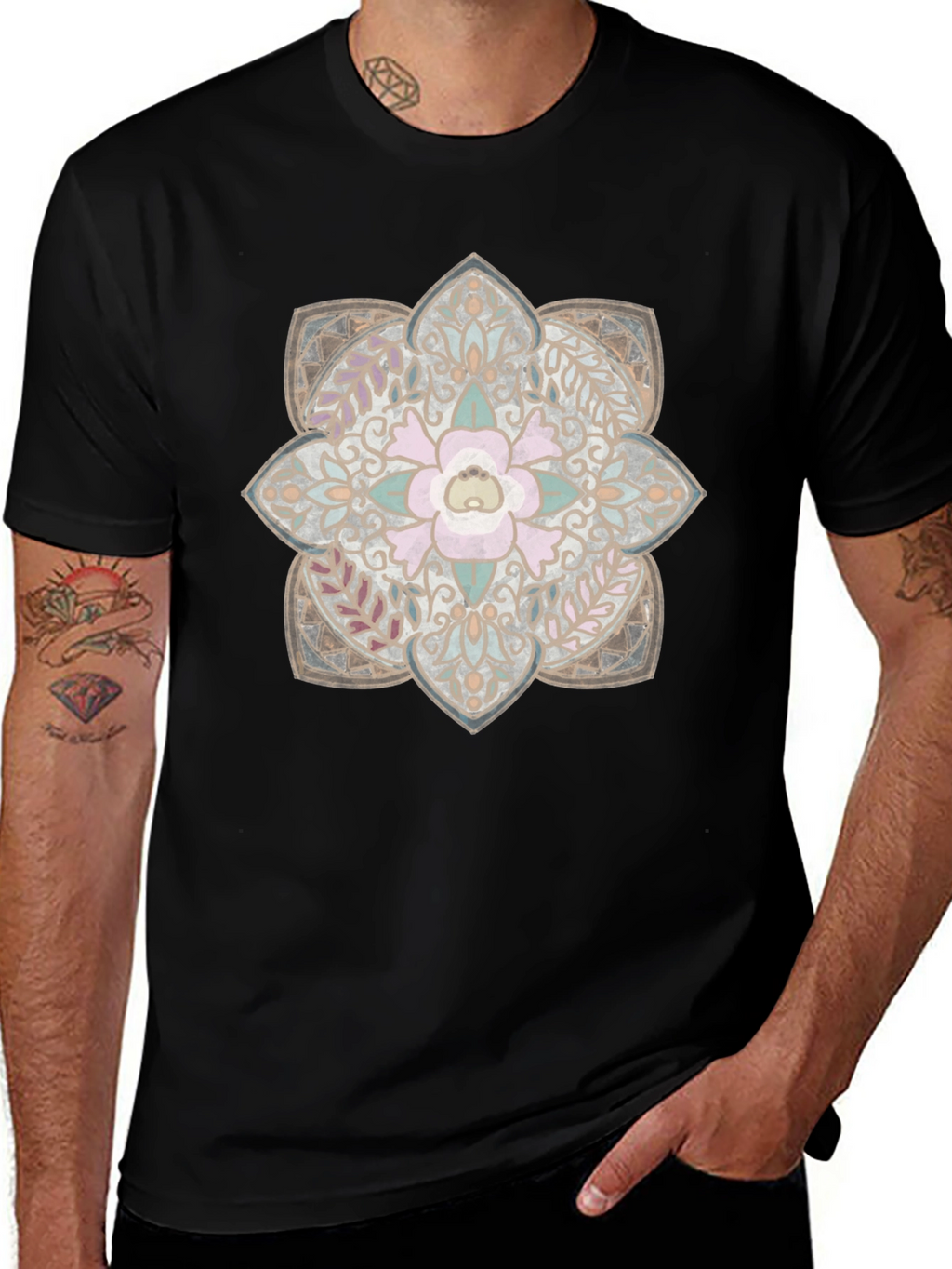 Floral Mandala Graphic Print Black T-Shirt