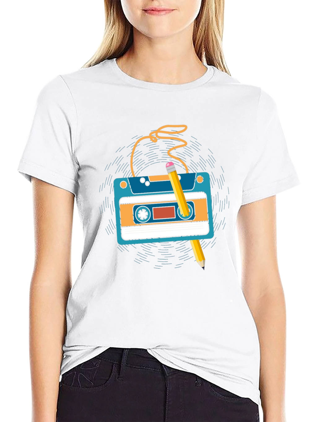 Retro Cassette Tape & Pencil Graphic T-Shirt