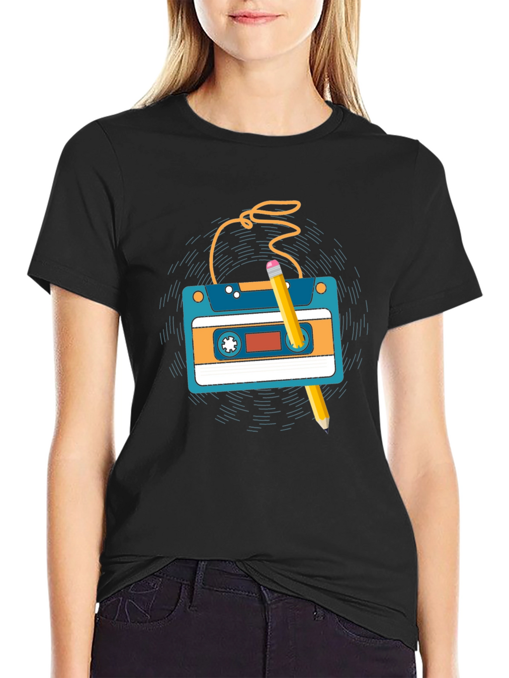 Retro Cassette Tape & Pencil Graphic T-Shirt
