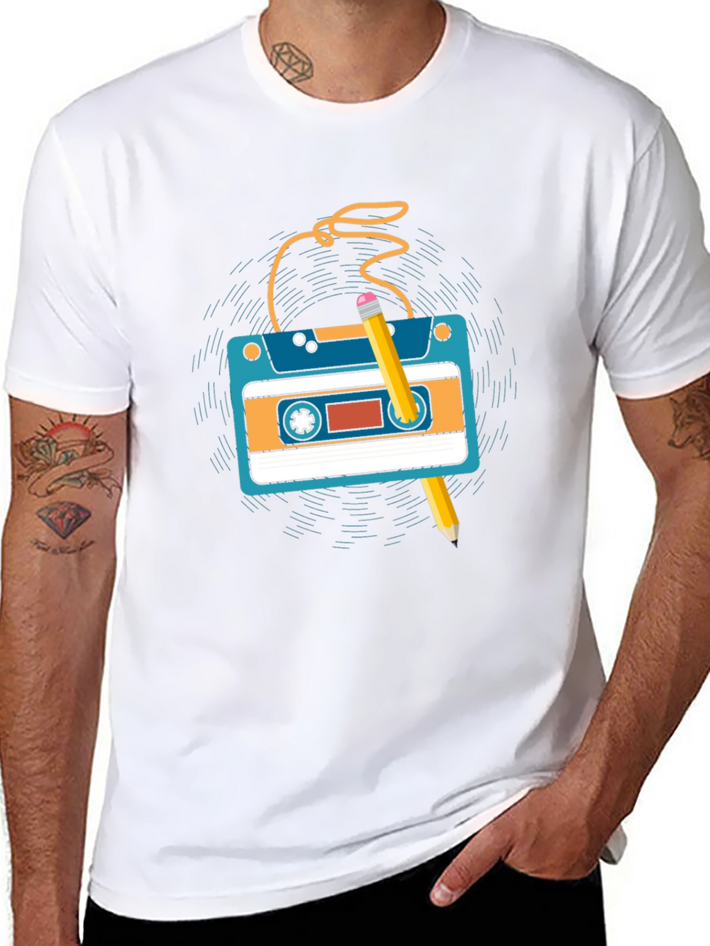 Retro Cassette Tape & Pencil Graphic T-Shirt