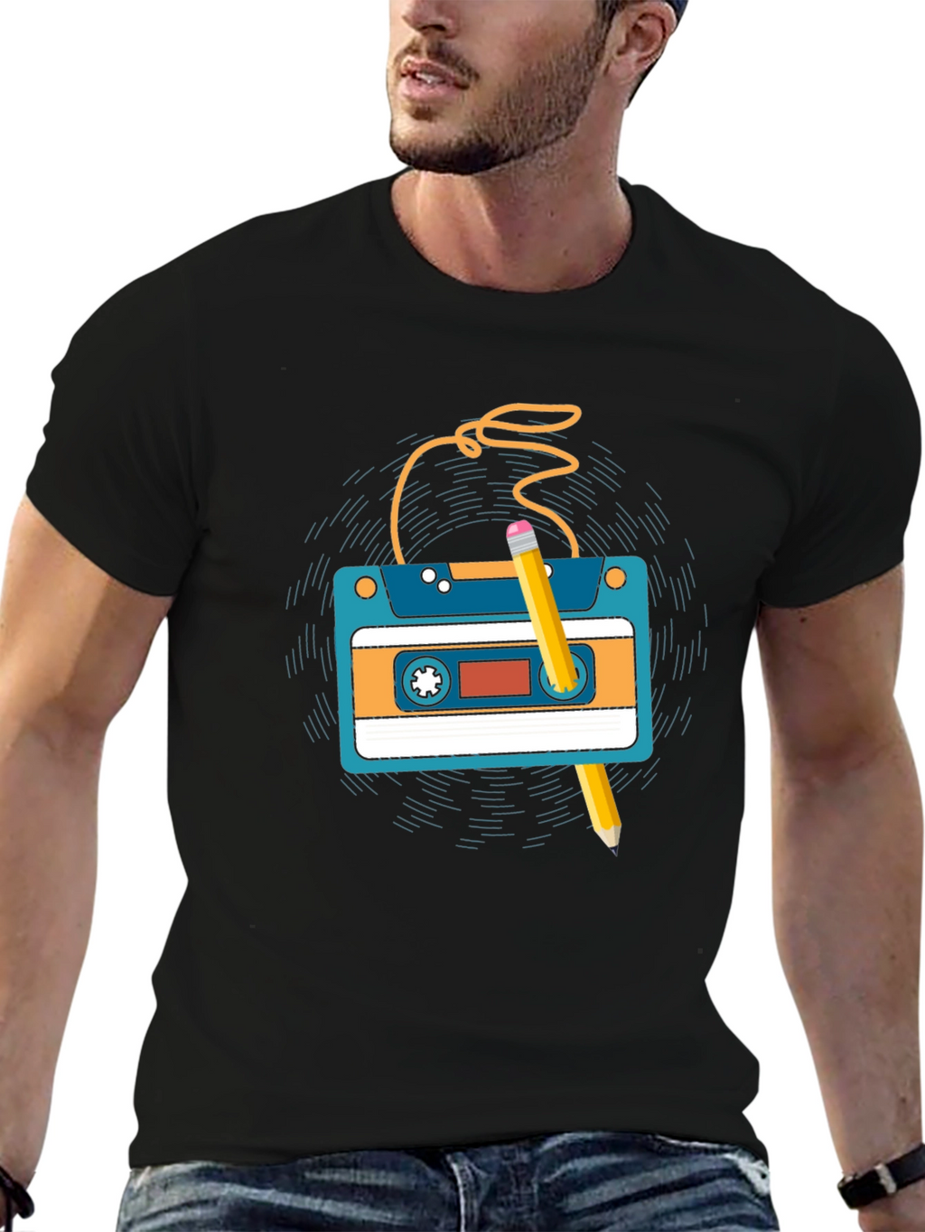 Retro Cassette Tape & Pencil Graphic T-Shirt