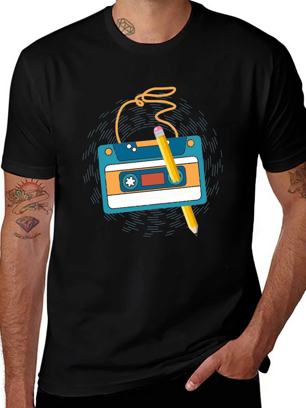 Retro Cassette Tape & Pencil Graphic T-Shirt