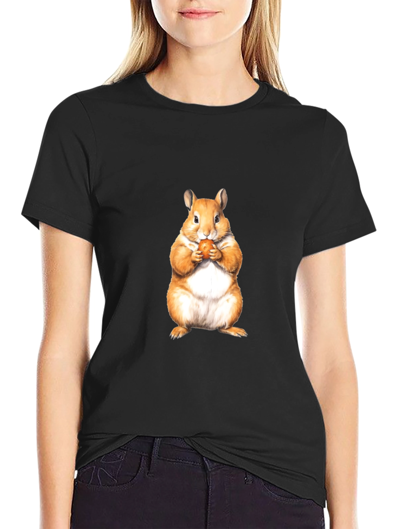 Cute Hamster Eating Nut Black T-Shirt