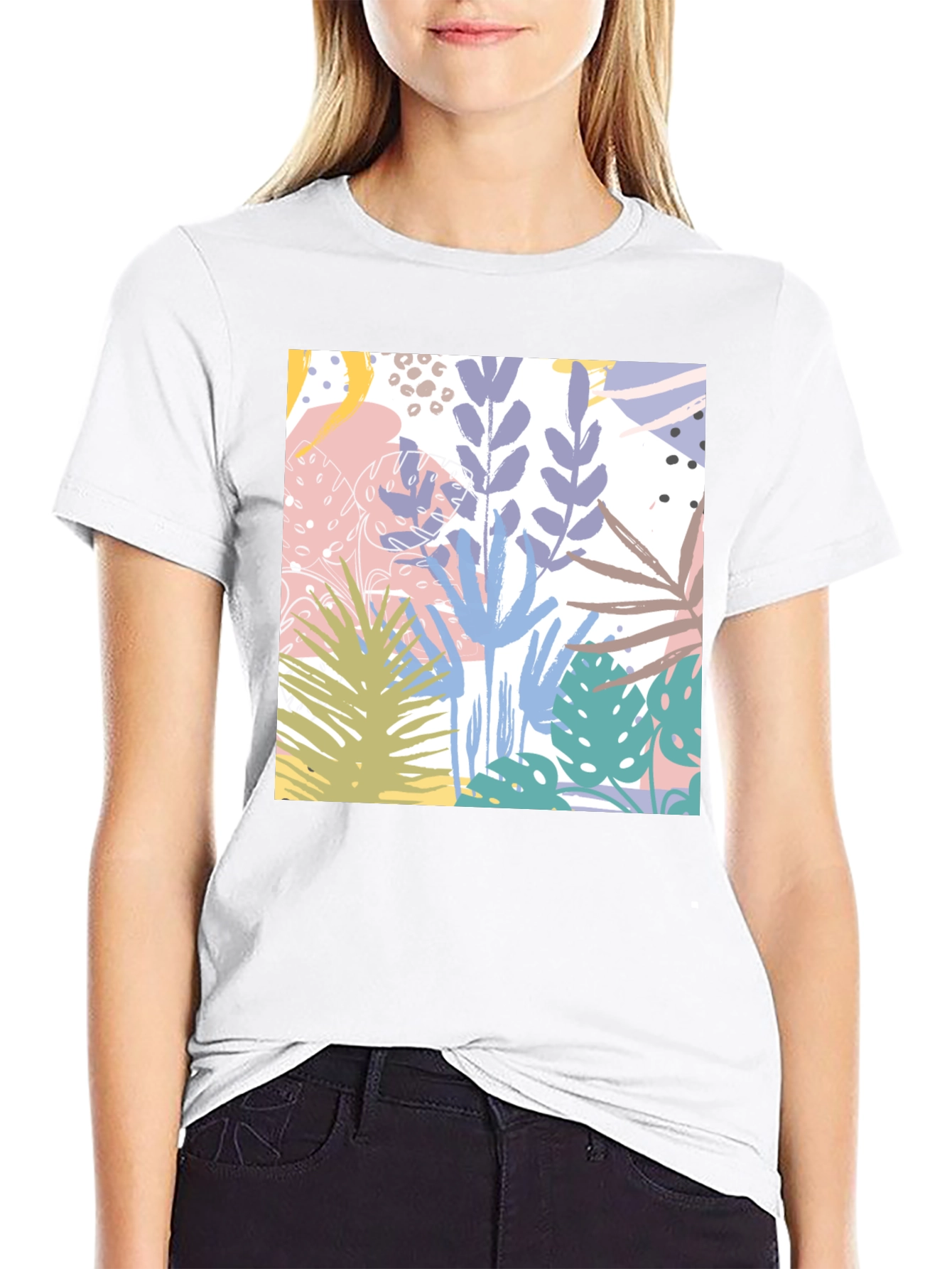 Tropical Print Black Cotton T-Shirt
