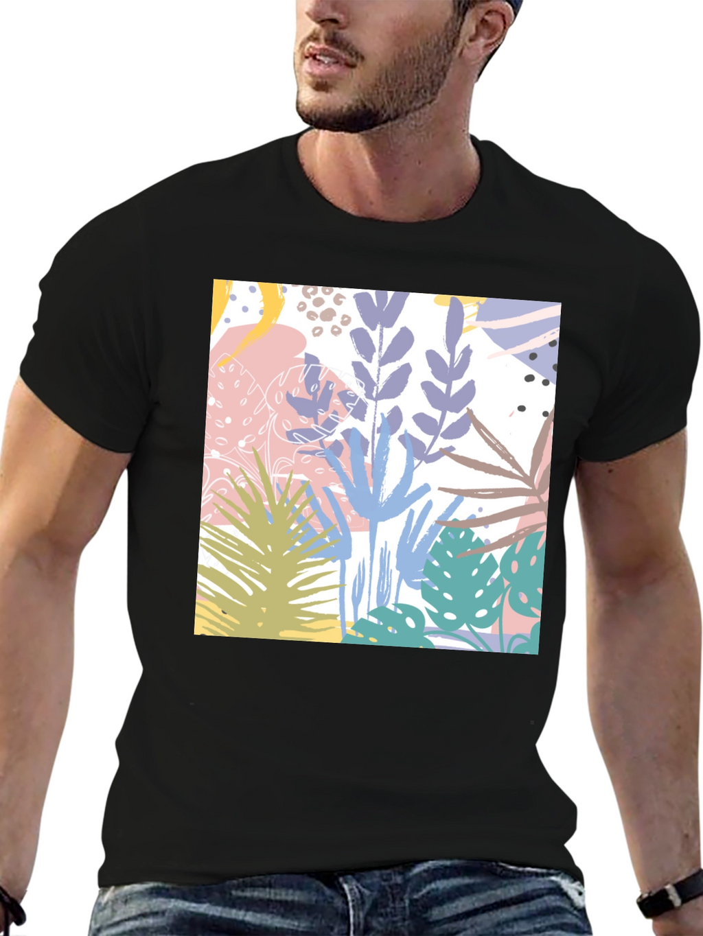 Tropical Print Black Cotton T-Shirt