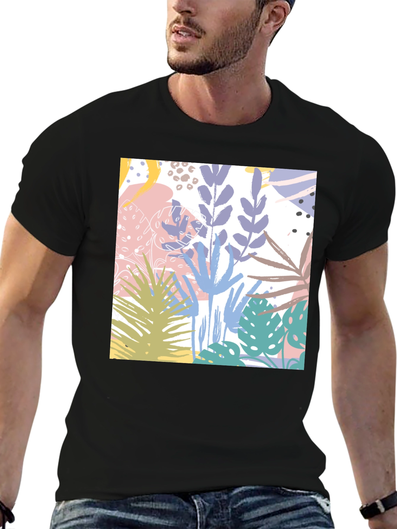 Tropical Print Black Cotton T-Shirt