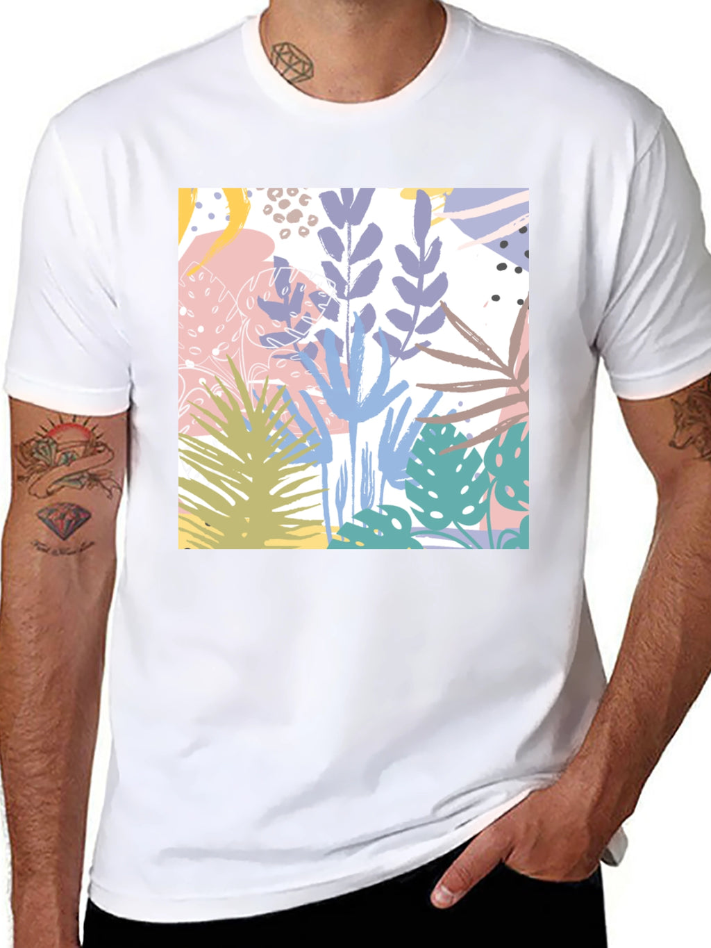 Tropical Print Black Cotton T-Shirt