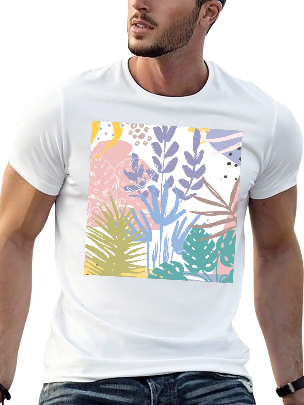 Tropical Print Black Cotton T-Shirt