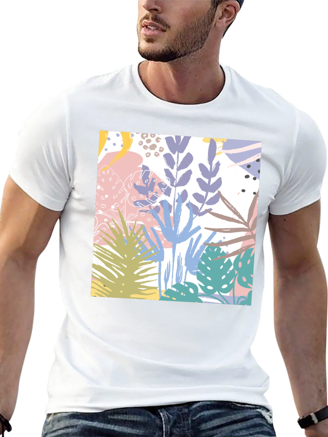 Tropical Print Black Cotton T-Shirt