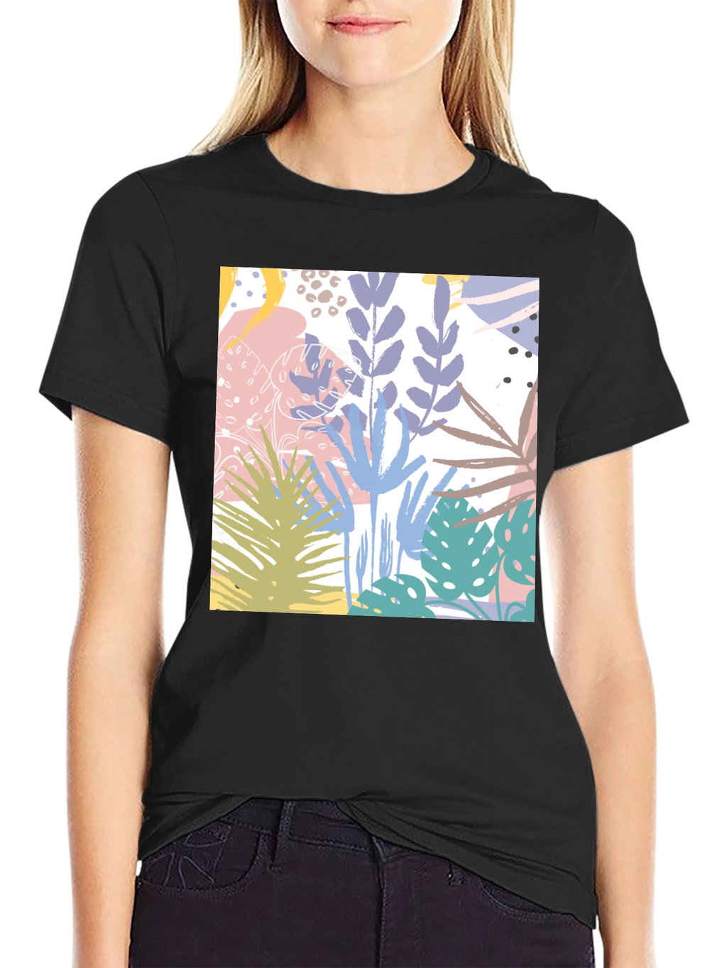 Tropical Print Black Cotton T-Shirt