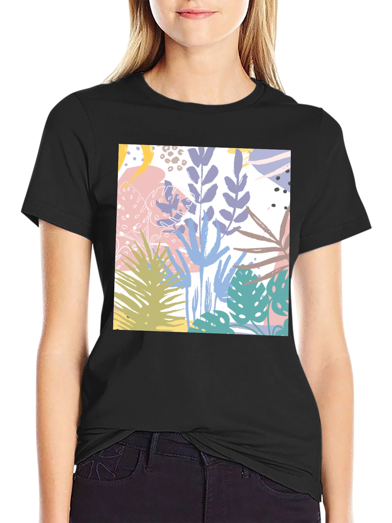 Tropical Print Black Cotton T-Shirt