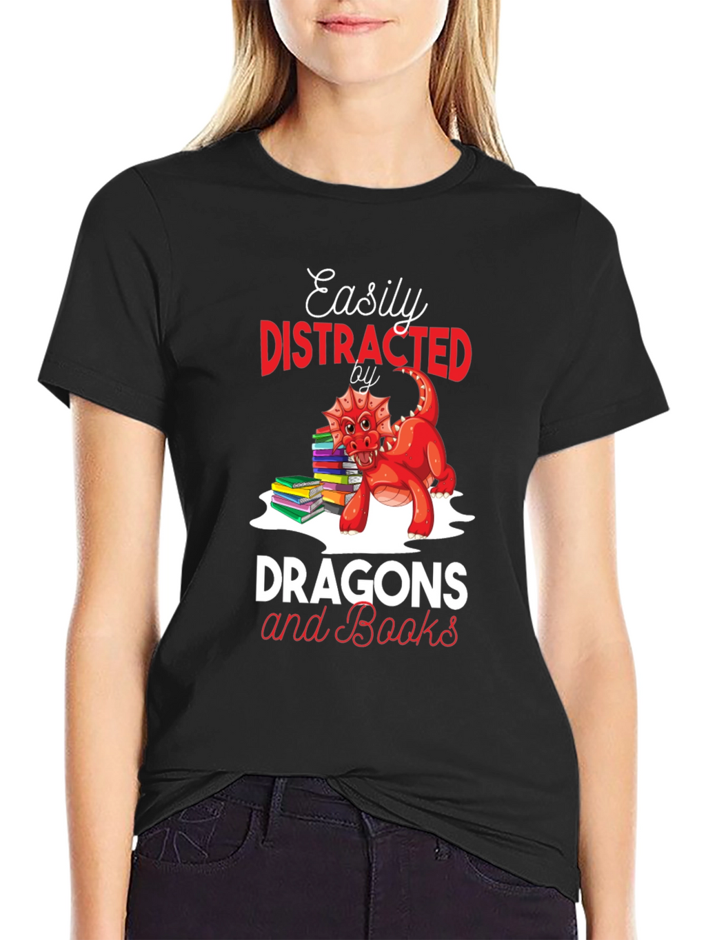 Easily Distracted by Dragons & Books Black T-Shirt