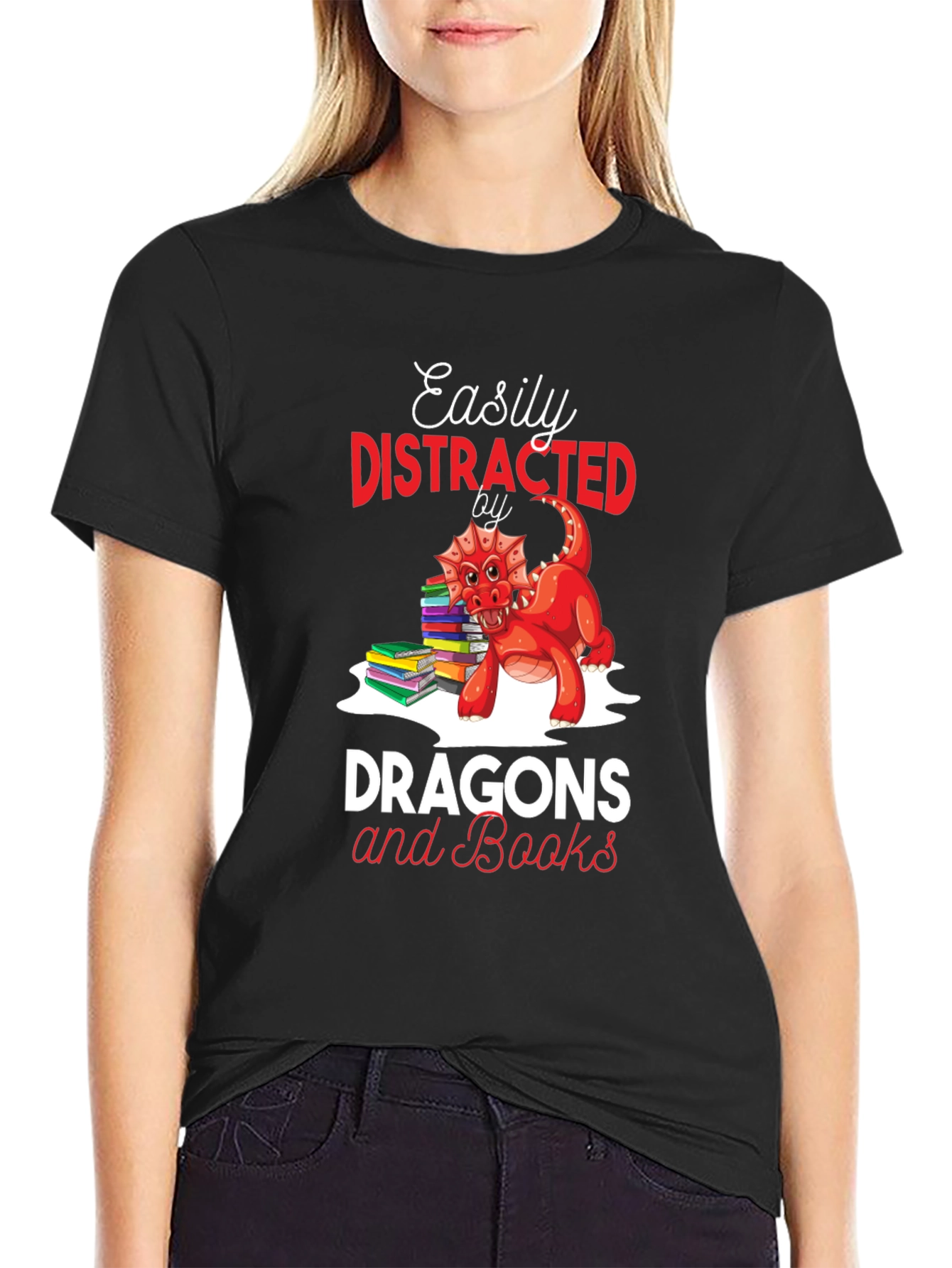 Easily Distracted by Dragons & Books Black T-Shirt