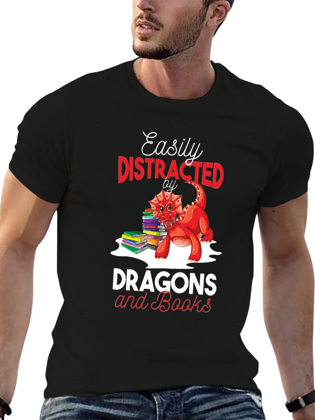 Easily Distracted by Dragons & Books Black T-Shirt