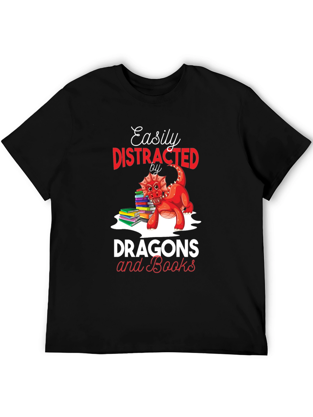 Easily Distracted by Dragons & Books Black T-Shirt