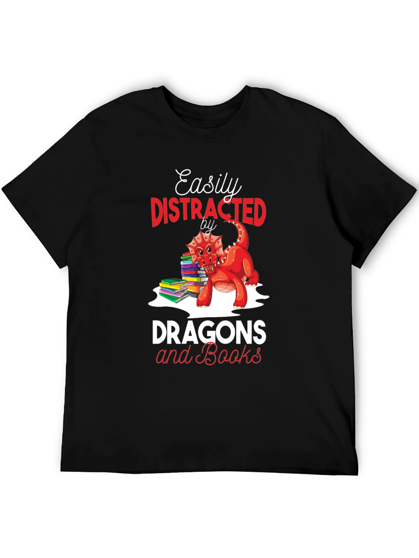 Easily Distracted by Dragons & Books Black T-Shirt