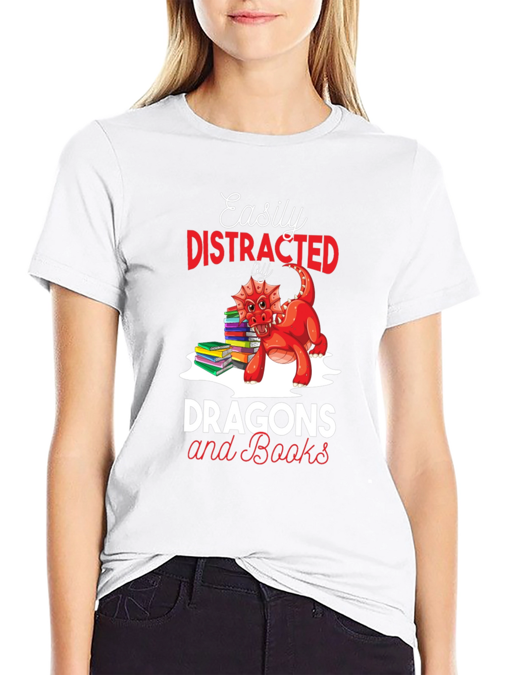 Easily Distracted by Dragons & Books Black T-Shirt