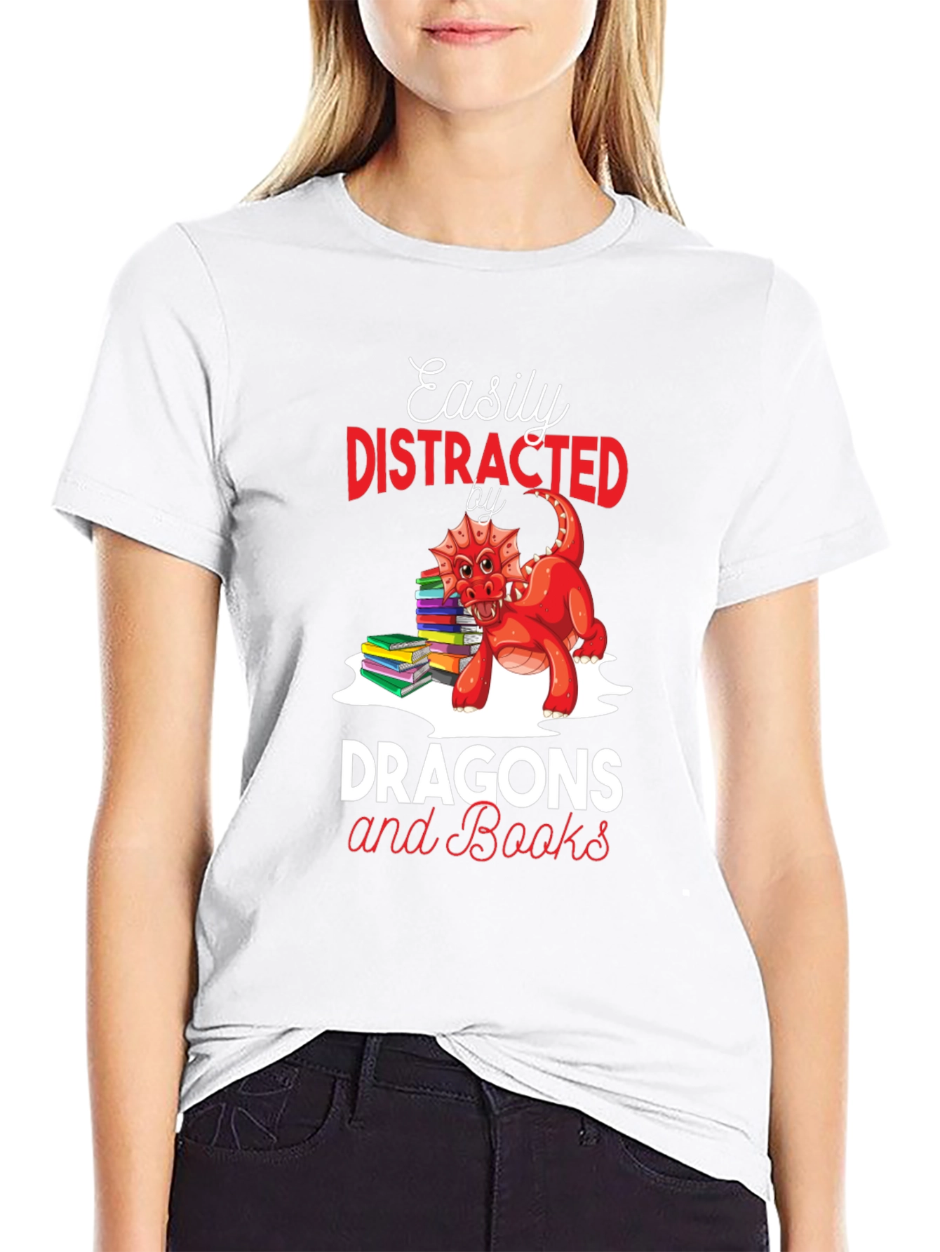 Easily Distracted by Dragons & Books Black T-Shirt