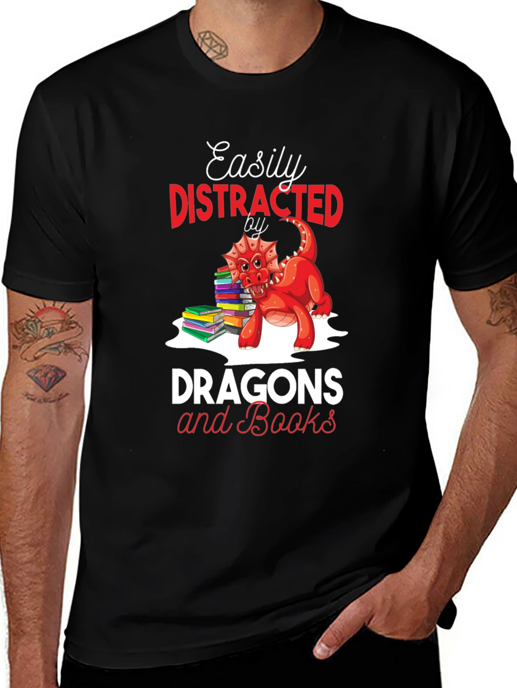 Easily Distracted by Dragons & Books Black T-Shirt