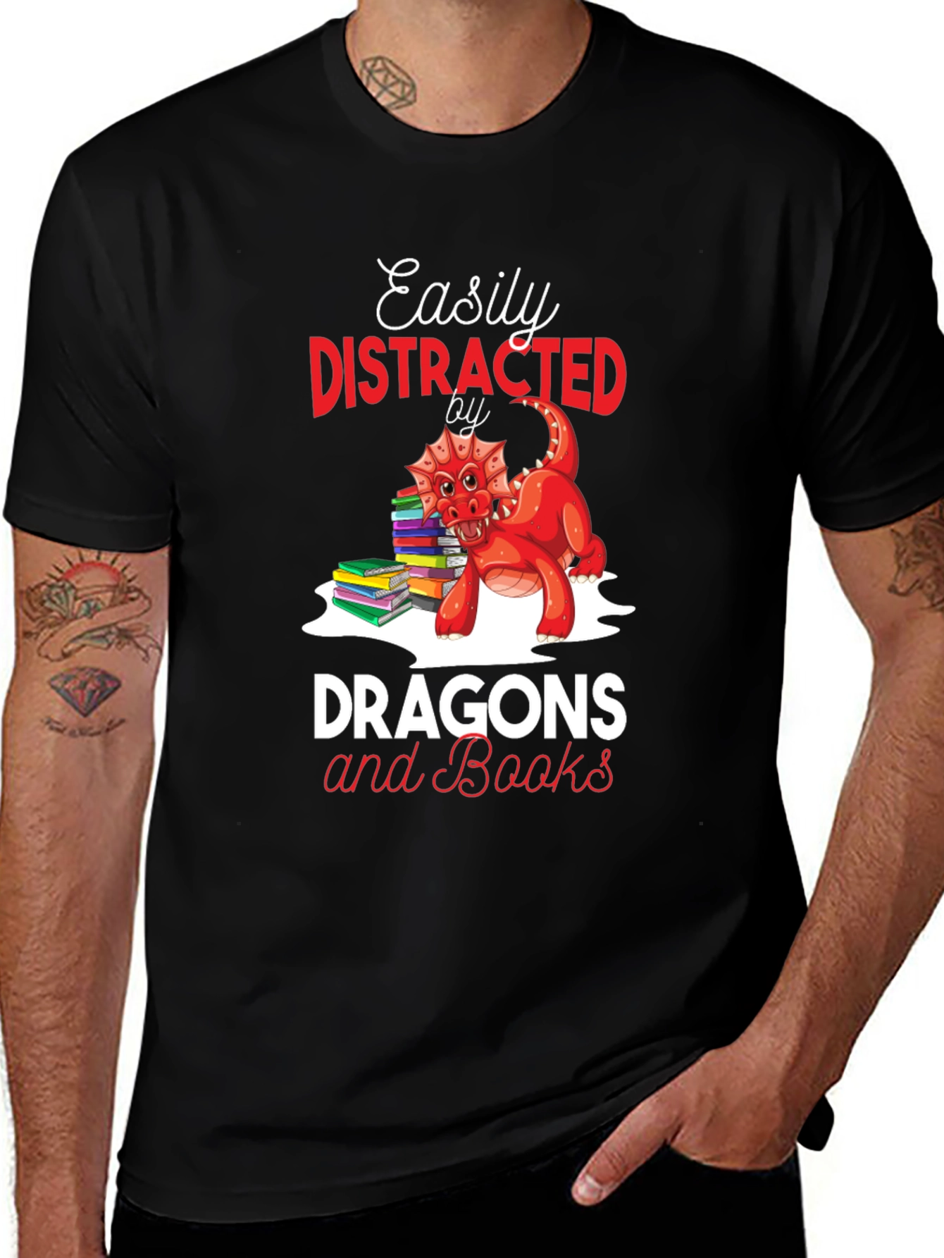 Easily Distracted by Dragons & Books Black T-Shirt