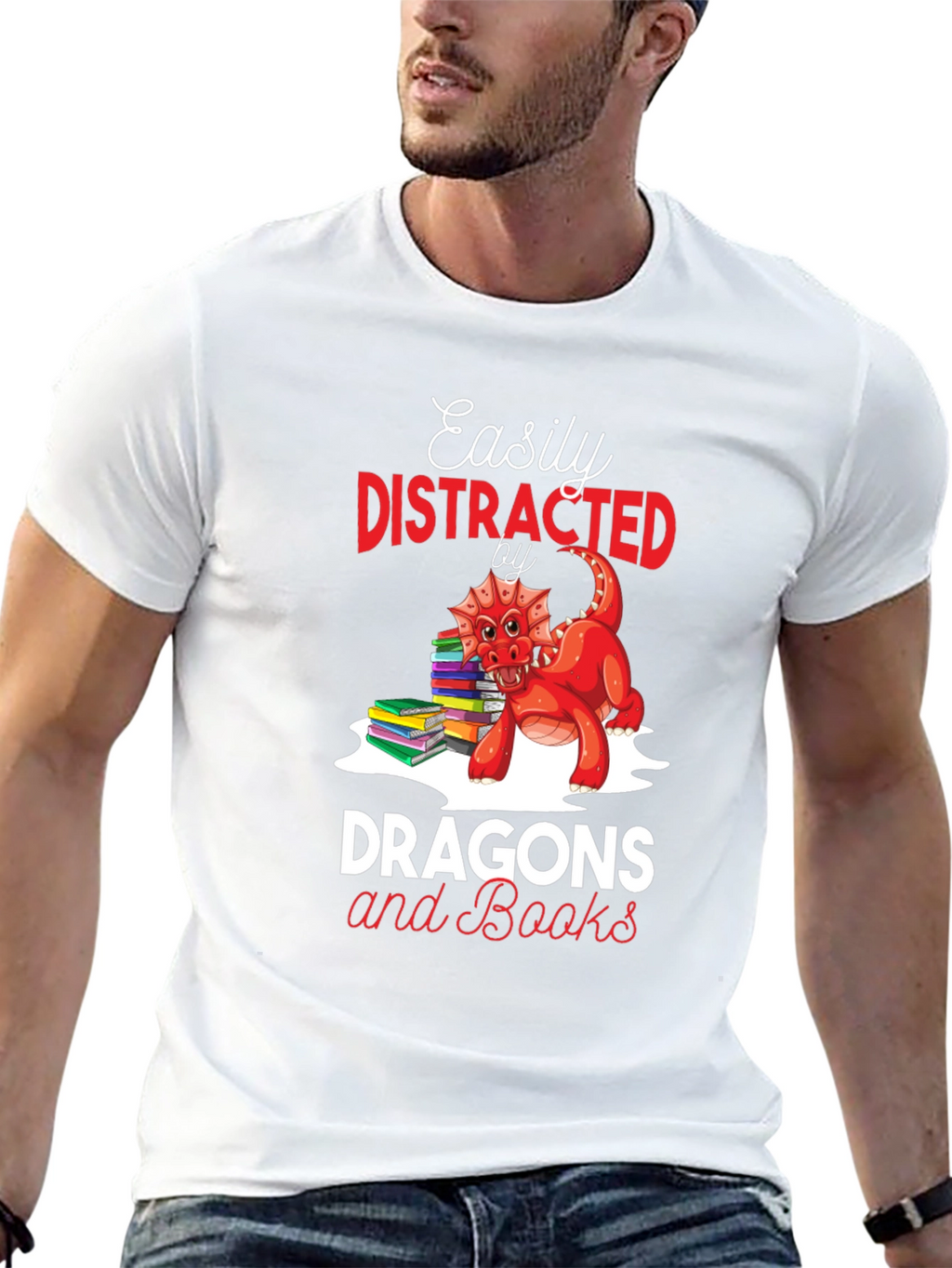 Easily Distracted by Dragons & Books Black T-Shirt