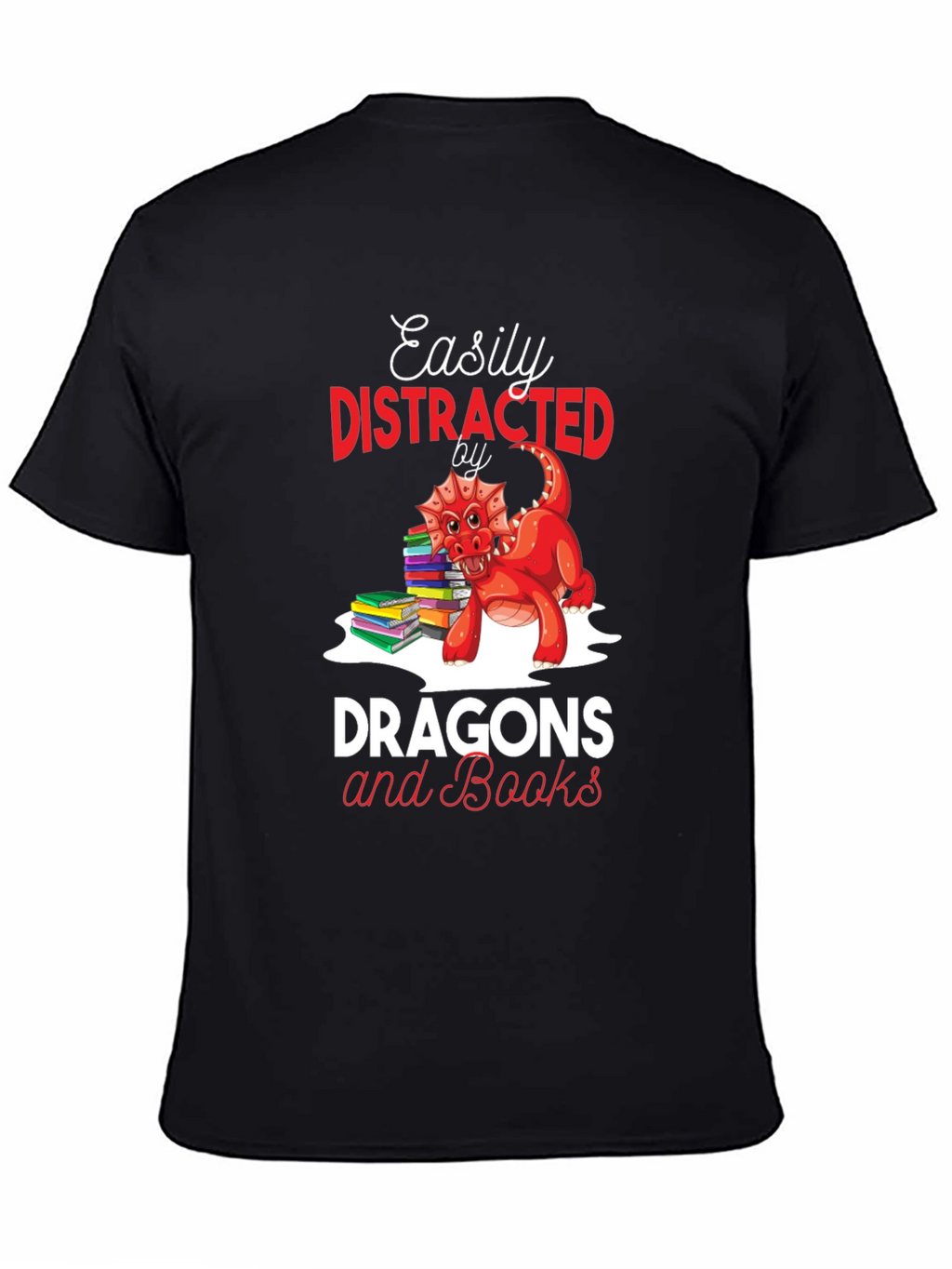 Easily Distracted by Dragons & Books Black T-Shirt