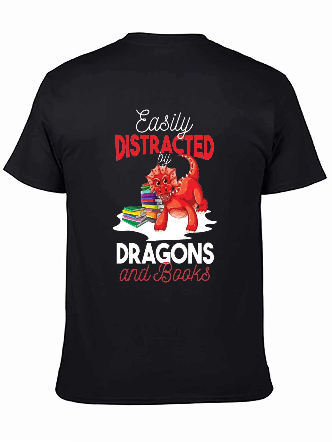 Easily Distracted by Dragons & Books Black T-Shirt