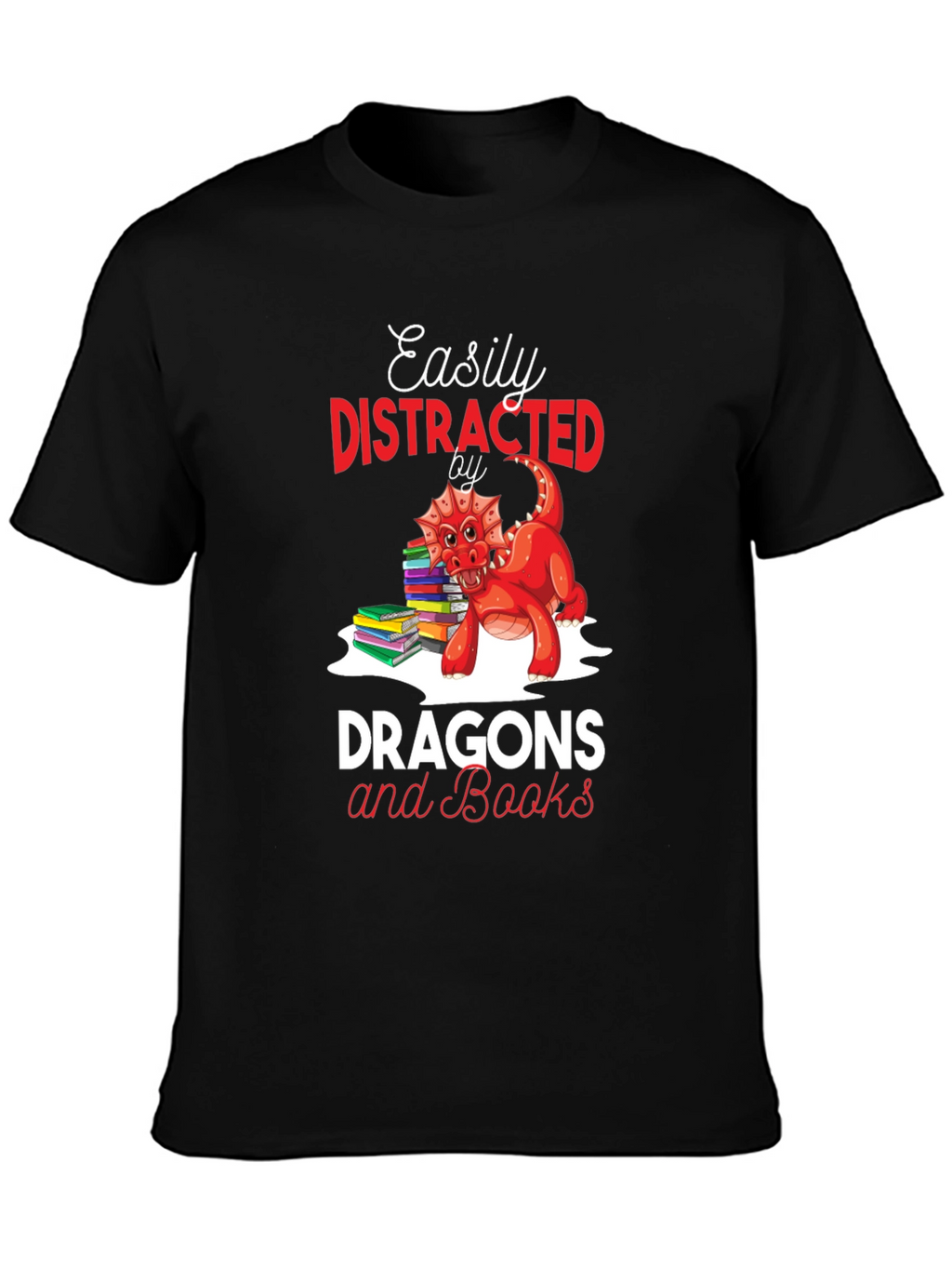 Easily Distracted by Dragons & Books Black T-Shirt