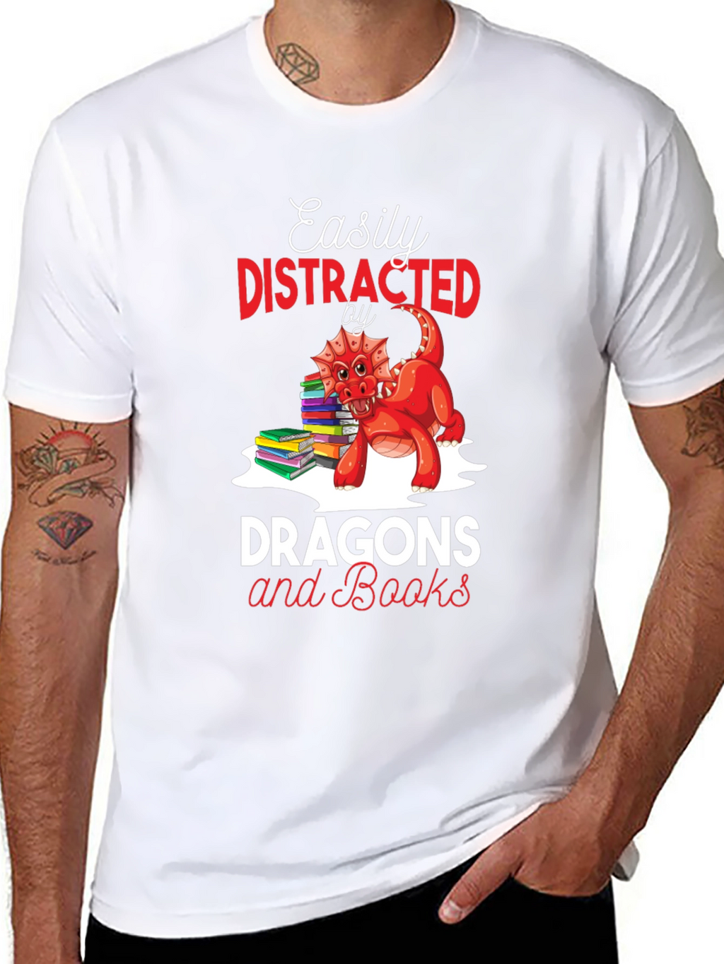 Easily Distracted by Dragons & Books Black T-Shirt