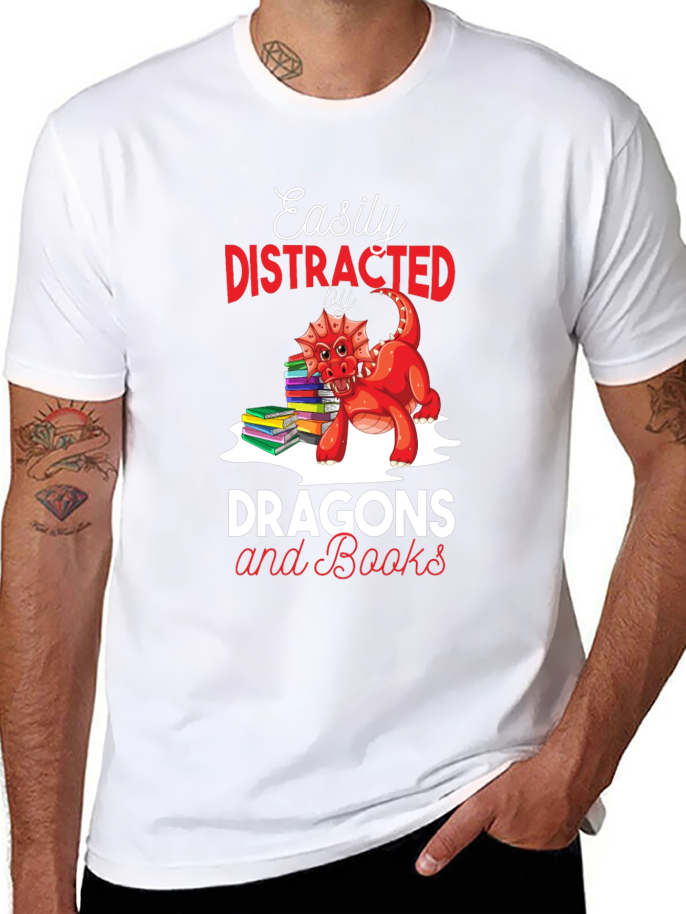 Easily Distracted by Dragons & Books Black T-Shirt