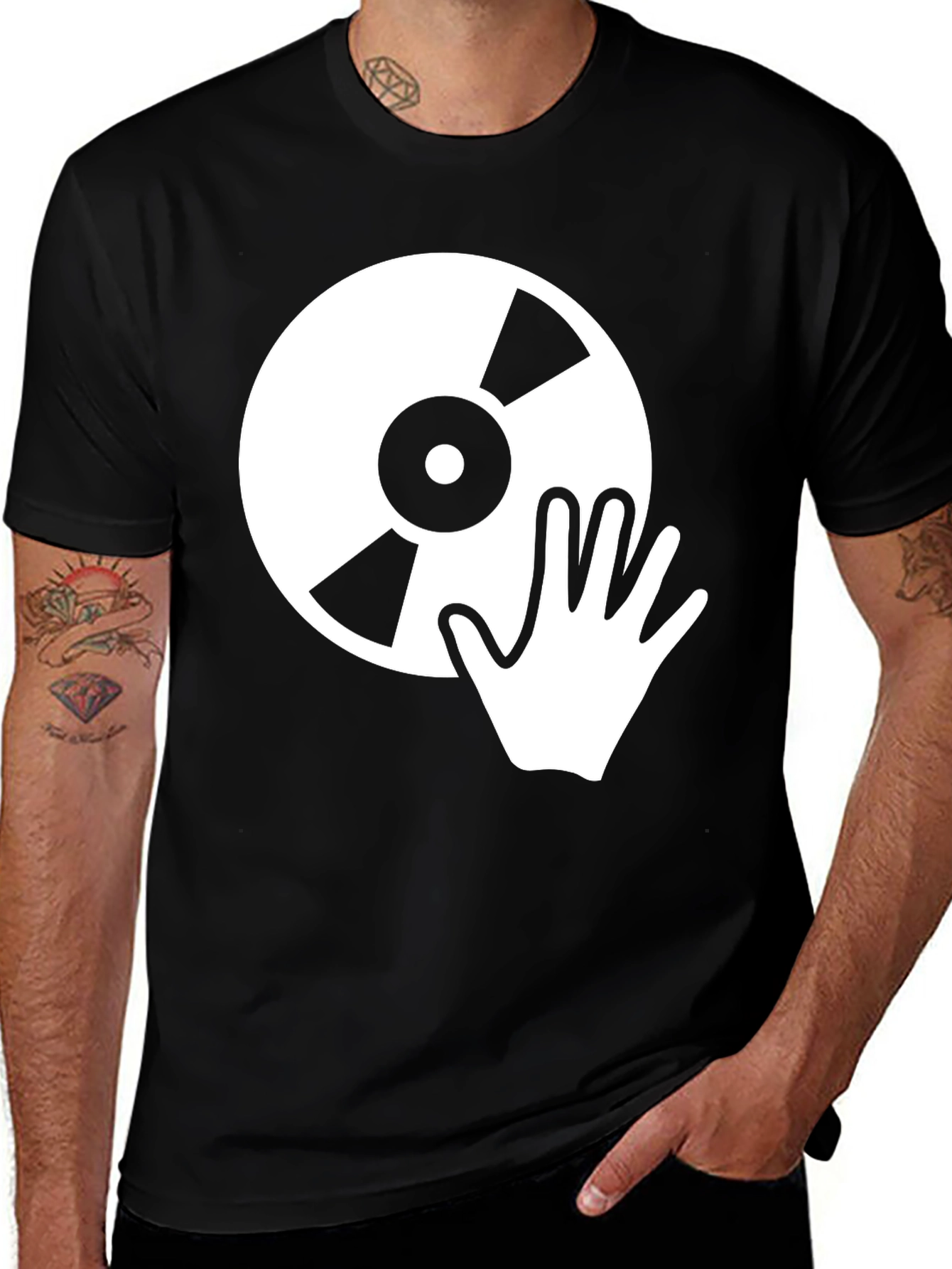 DJ Graphic T-Shirt - Turntable Hand Design Black Cotton Tee