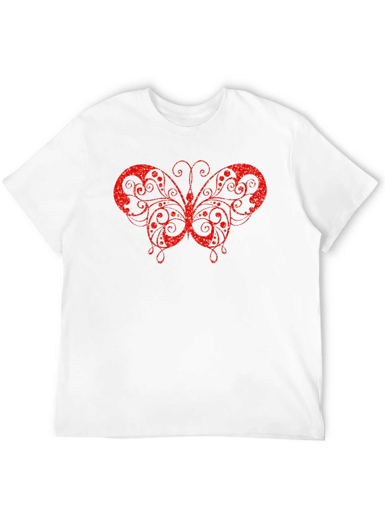 Red Glitter Butterfly Graphic Black T-Shirt