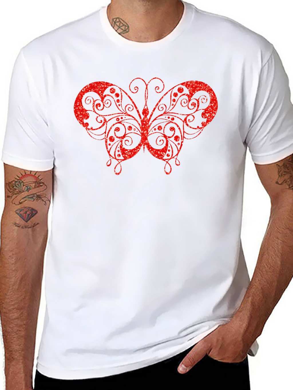 Red Glitter Butterfly Graphic Black T-Shirt