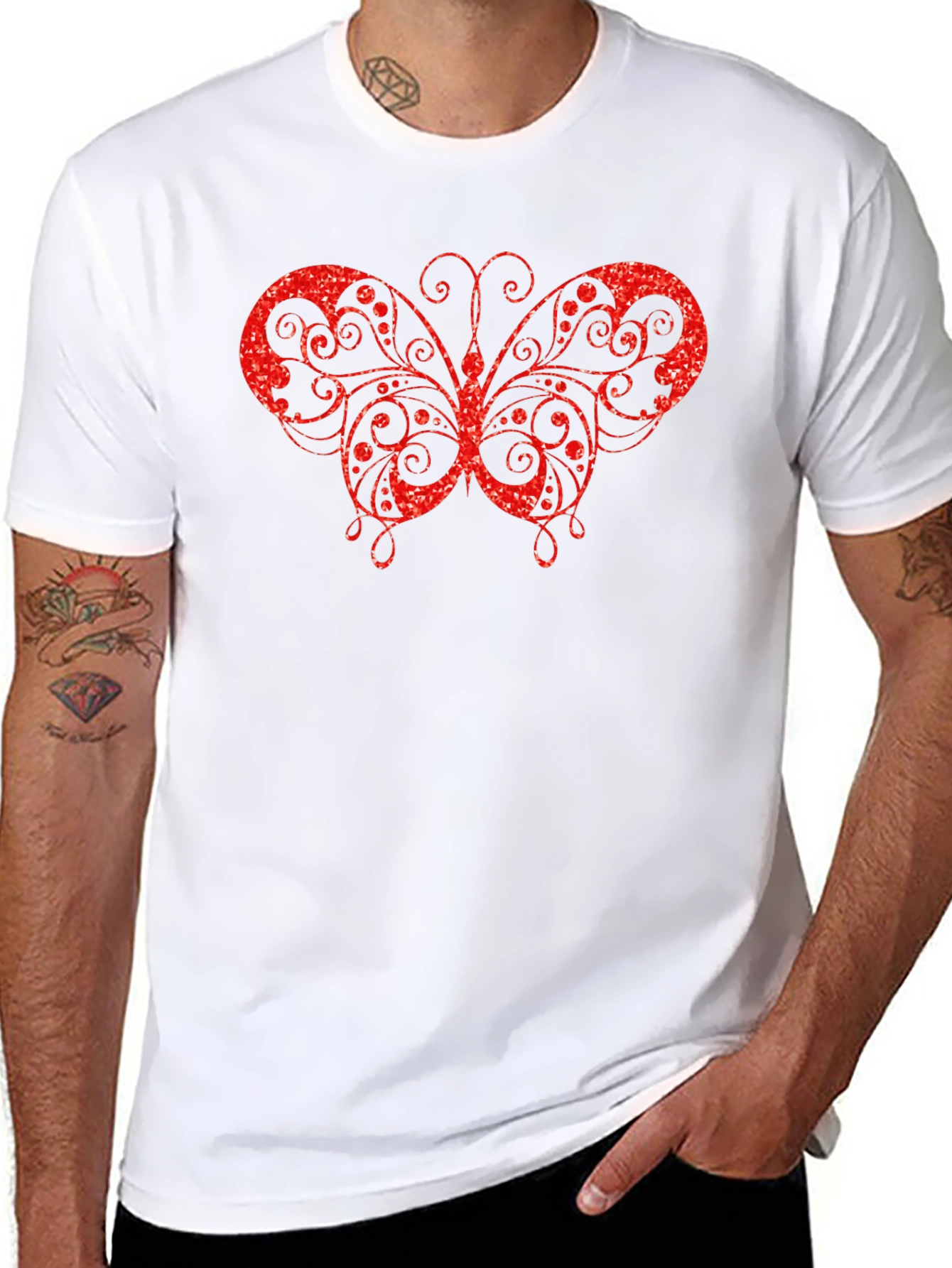 Red Glitter Butterfly Graphic Black T-Shirt