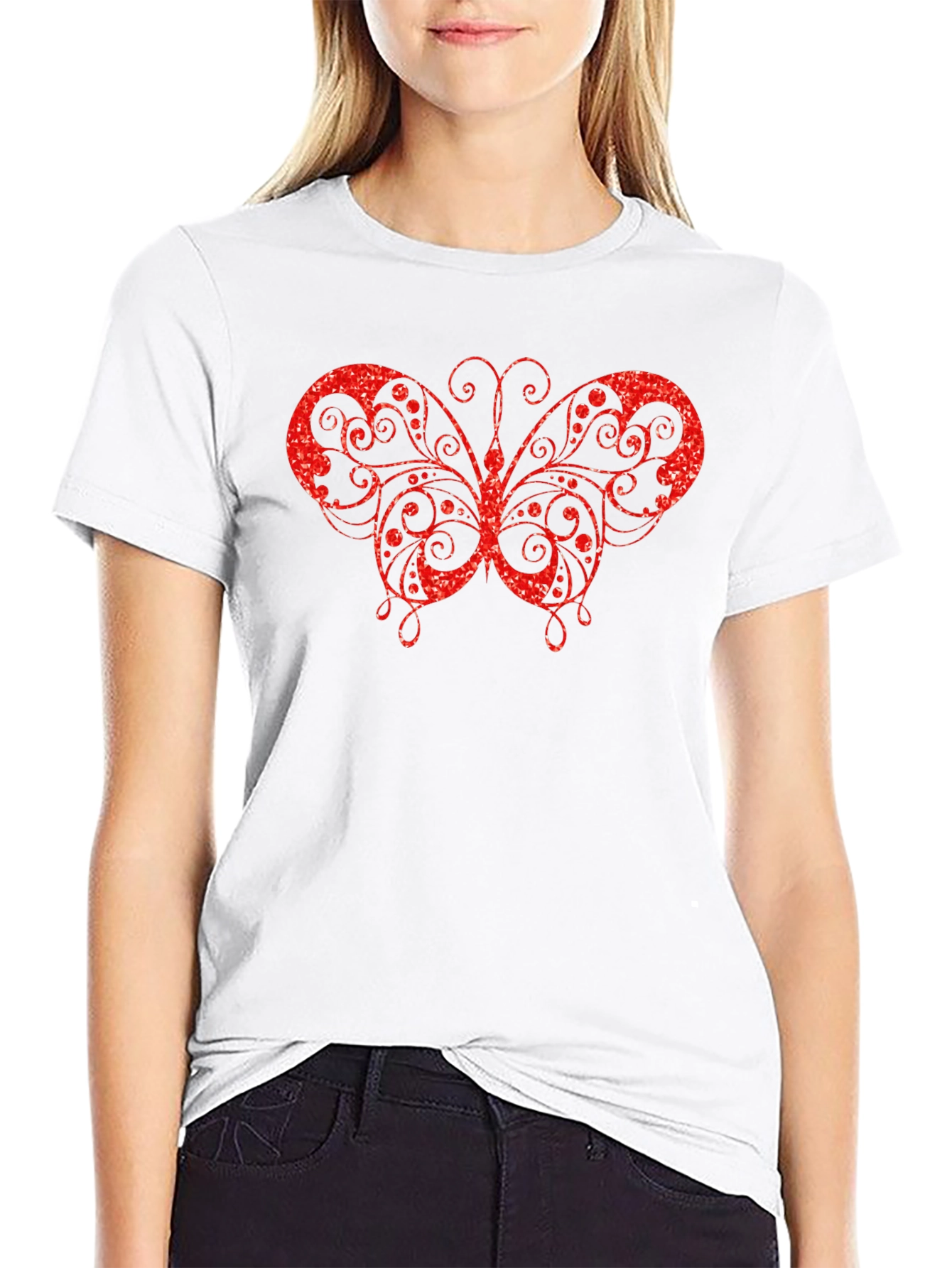 Red Glitter Butterfly Graphic Black T-Shirt