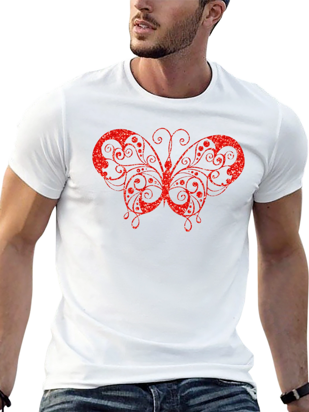 Red Glitter Butterfly Graphic Black T-Shirt
