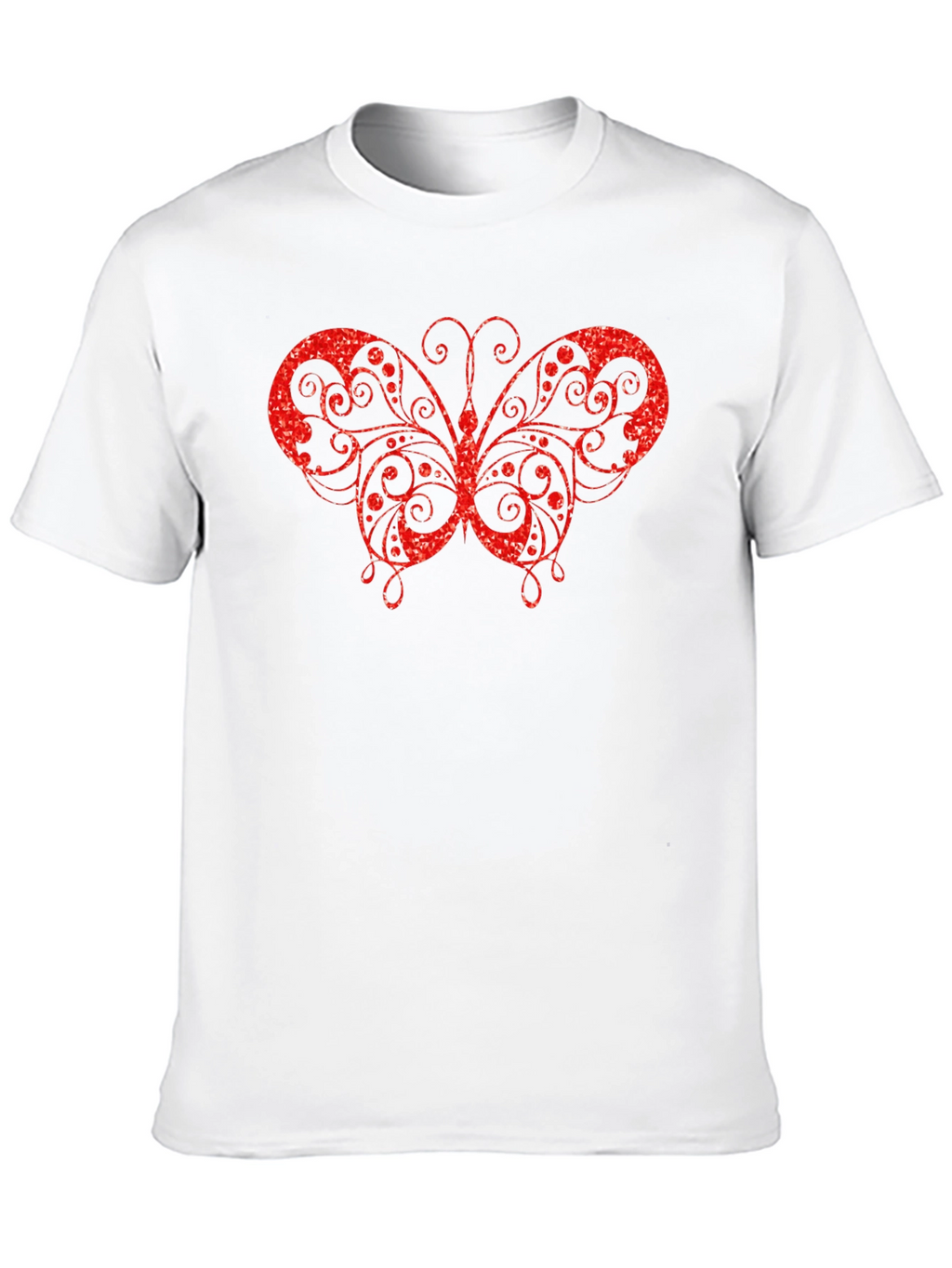 Red Glitter Butterfly Graphic Black T-Shirt
