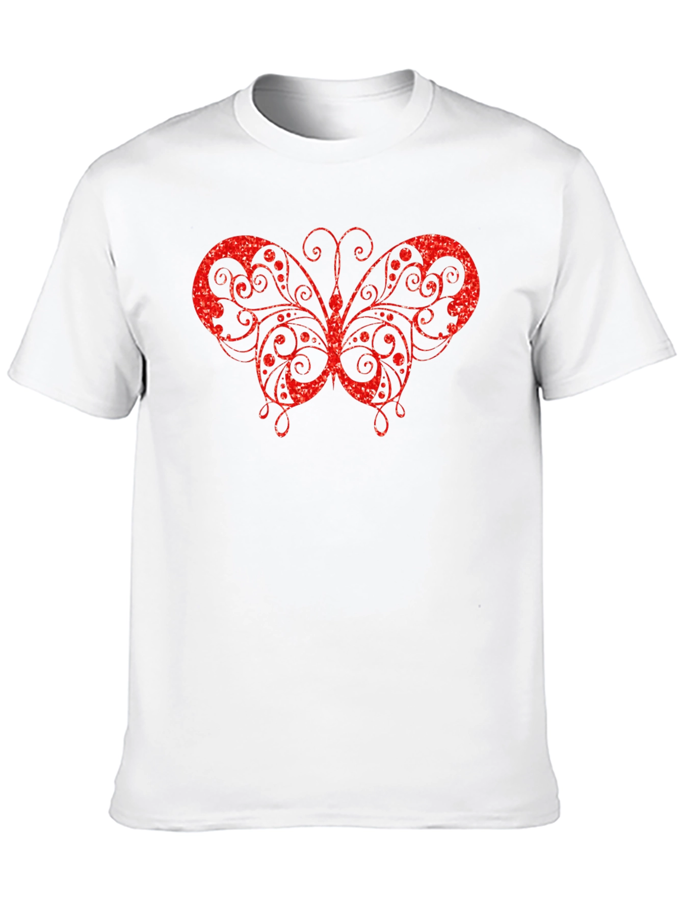 Red Glitter Butterfly Graphic Black T-Shirt
