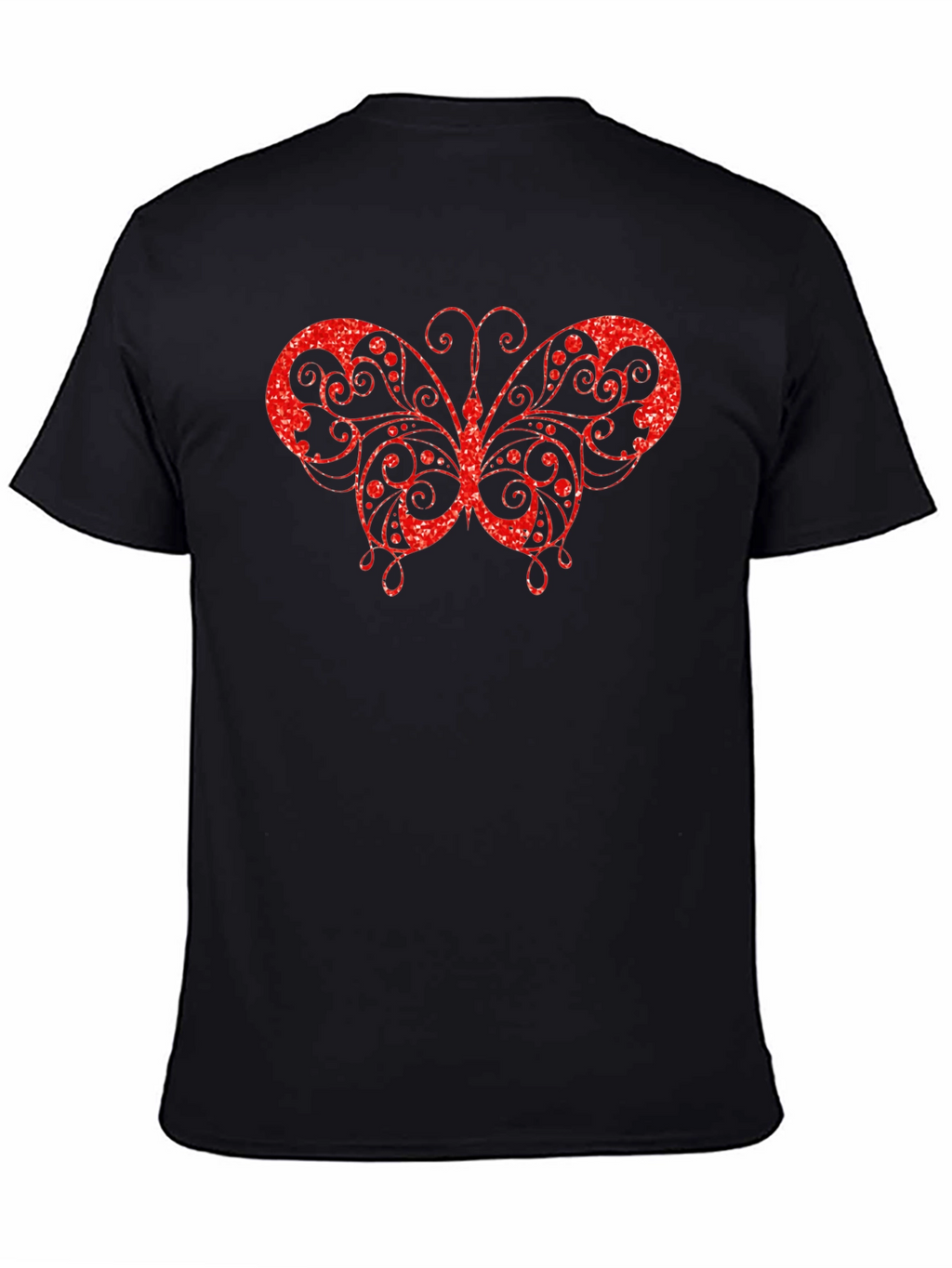 Red Glitter Butterfly Graphic Black T-Shirt