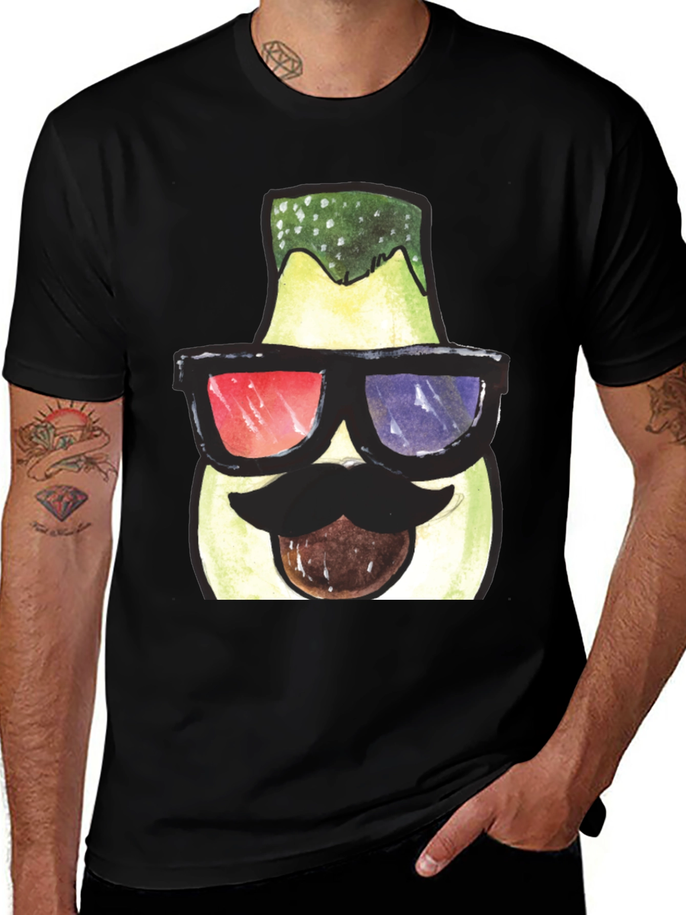 Funny Avocado 3D Glasses Graphic T-Shirt