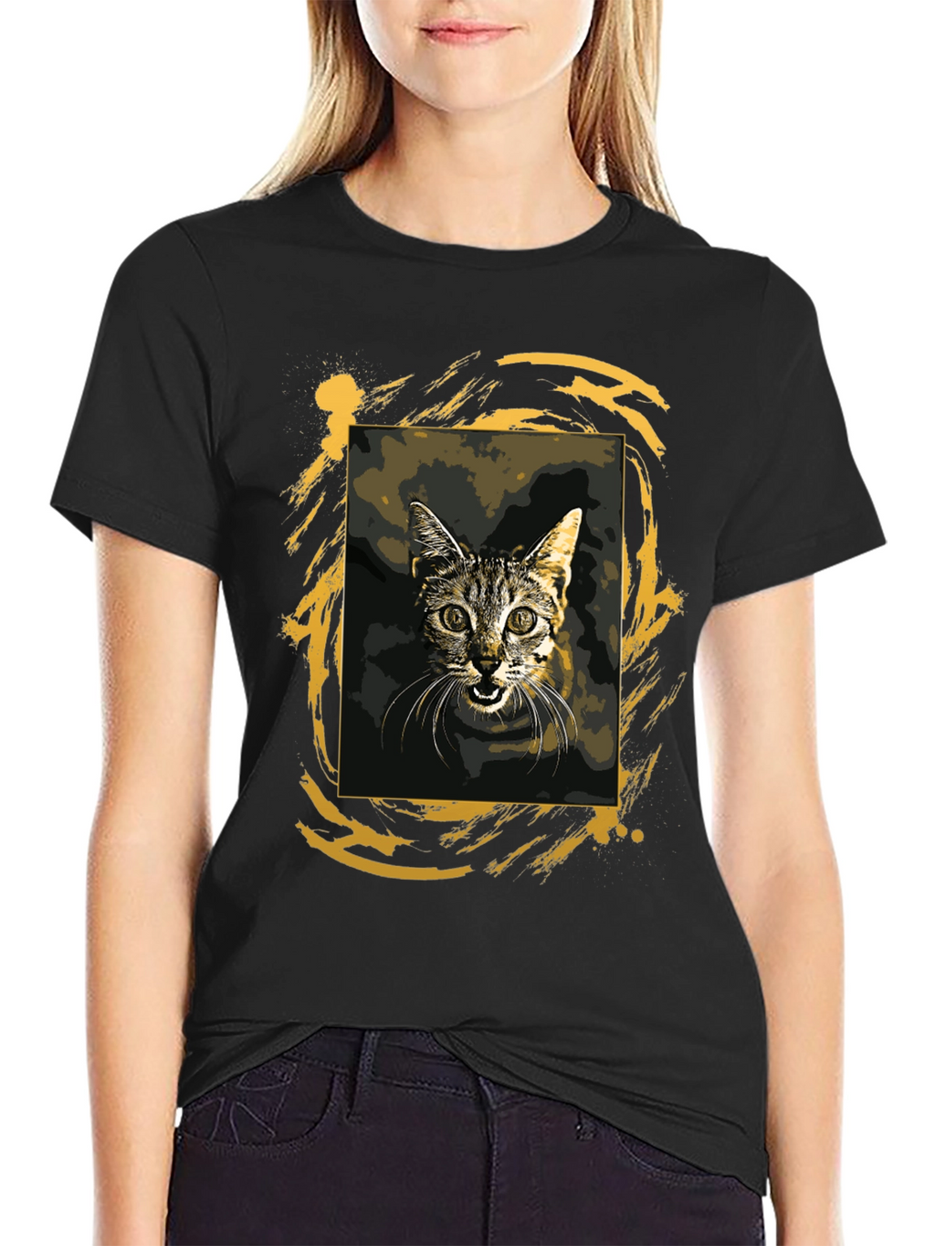 Cat Graphic Tee - Black Cotton T-Shirt