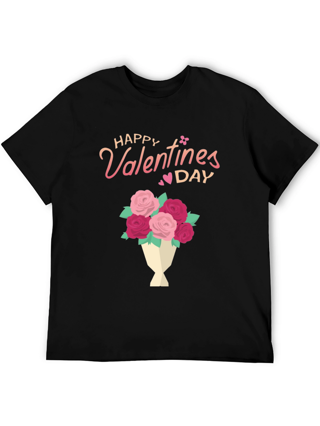 Happy Valentines Day Floral Bouquet Black T-Shirt
