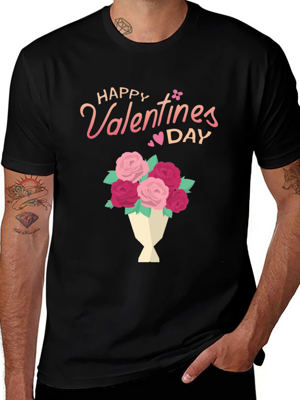 Happy Valentines Day Floral Bouquet Black T-Shirt