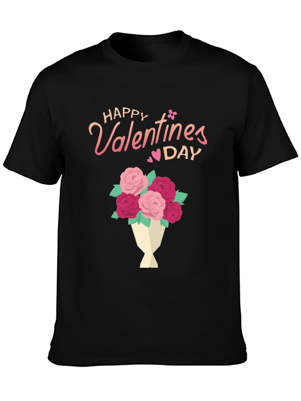 Happy Valentines Day Floral Bouquet Black T-Shirt