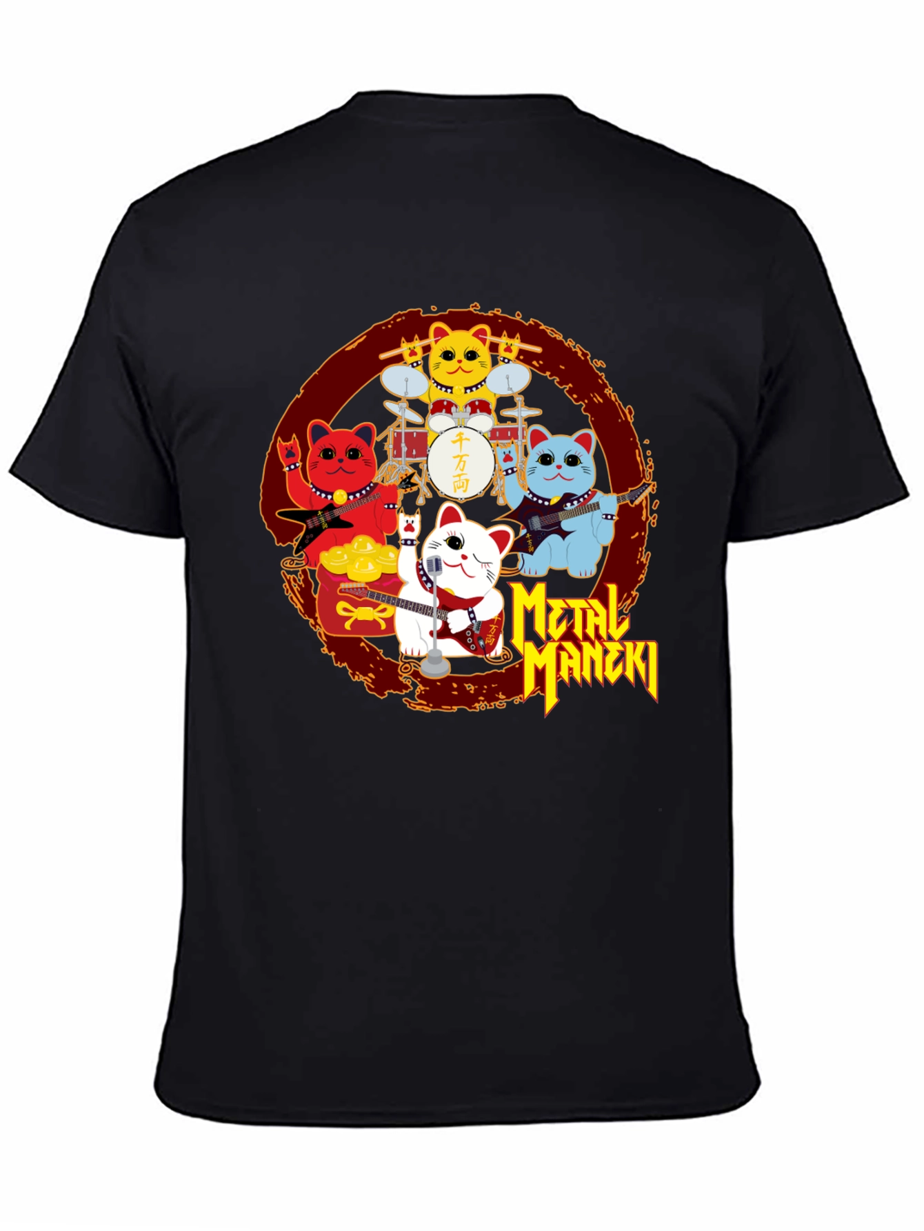 Metal Maneki Neko Rock Band T-Shirt